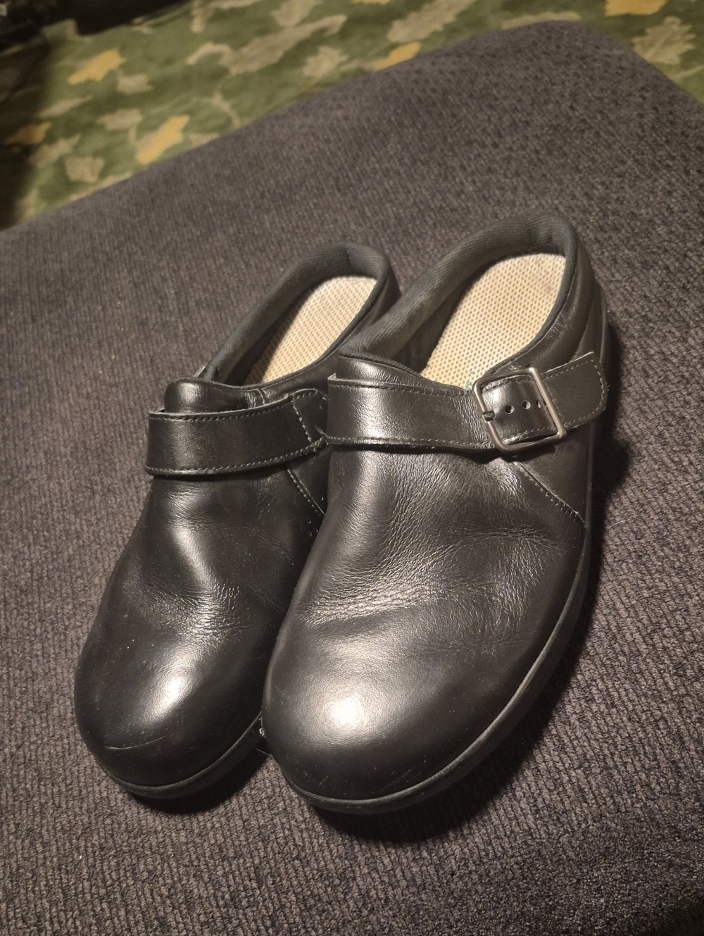 SAS Black Leather Clogs with Buckle Strap